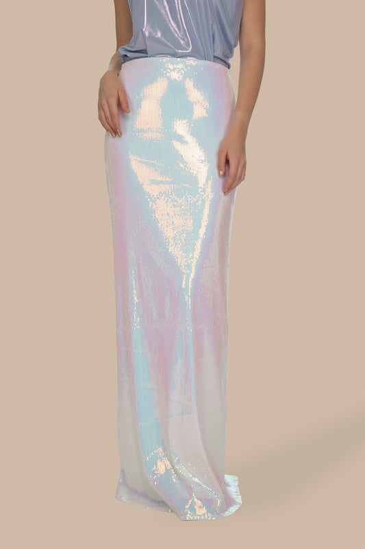 Hologramlı Beyaz Payetli Uzun Çan Etek