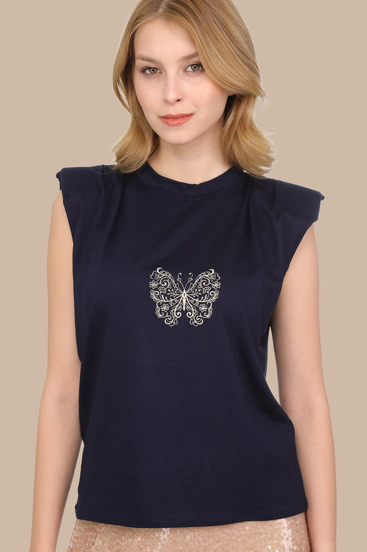 Lacivert Kolsuz Kelebek Nakışlı Oversize Vatkalı T-shirt