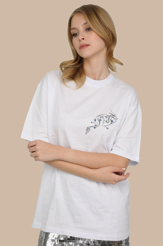 Beyaz Bisiklet Yaka Özel Tasarım Ejderha Nakış Desenli Oversize T-shirt