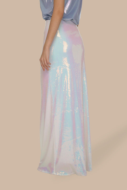 Hologram Beyaz Payetli Uzun Çan Etek