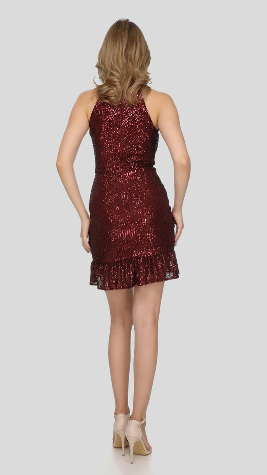 bordo boğazlı kolsuz mini fırfırlı elbise