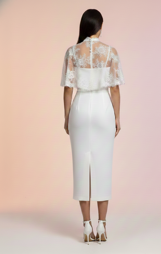 beyaz fıransız dantel etol ip askılı straplez midi elbise