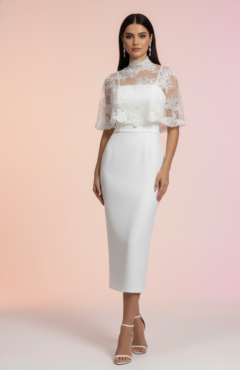 beyaz fıransız dantel etol ip askılı straplez midi elbise