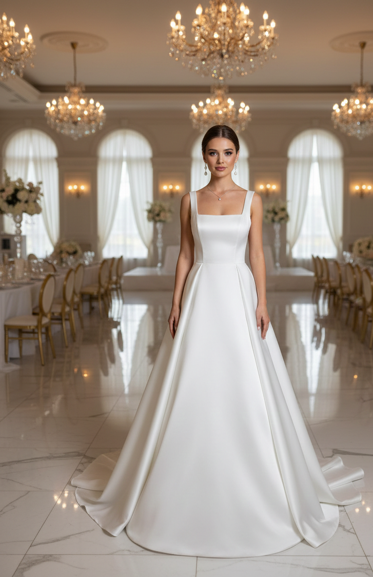 beyaz uzun kare yaka pleli etek nikah düğün elbisesi