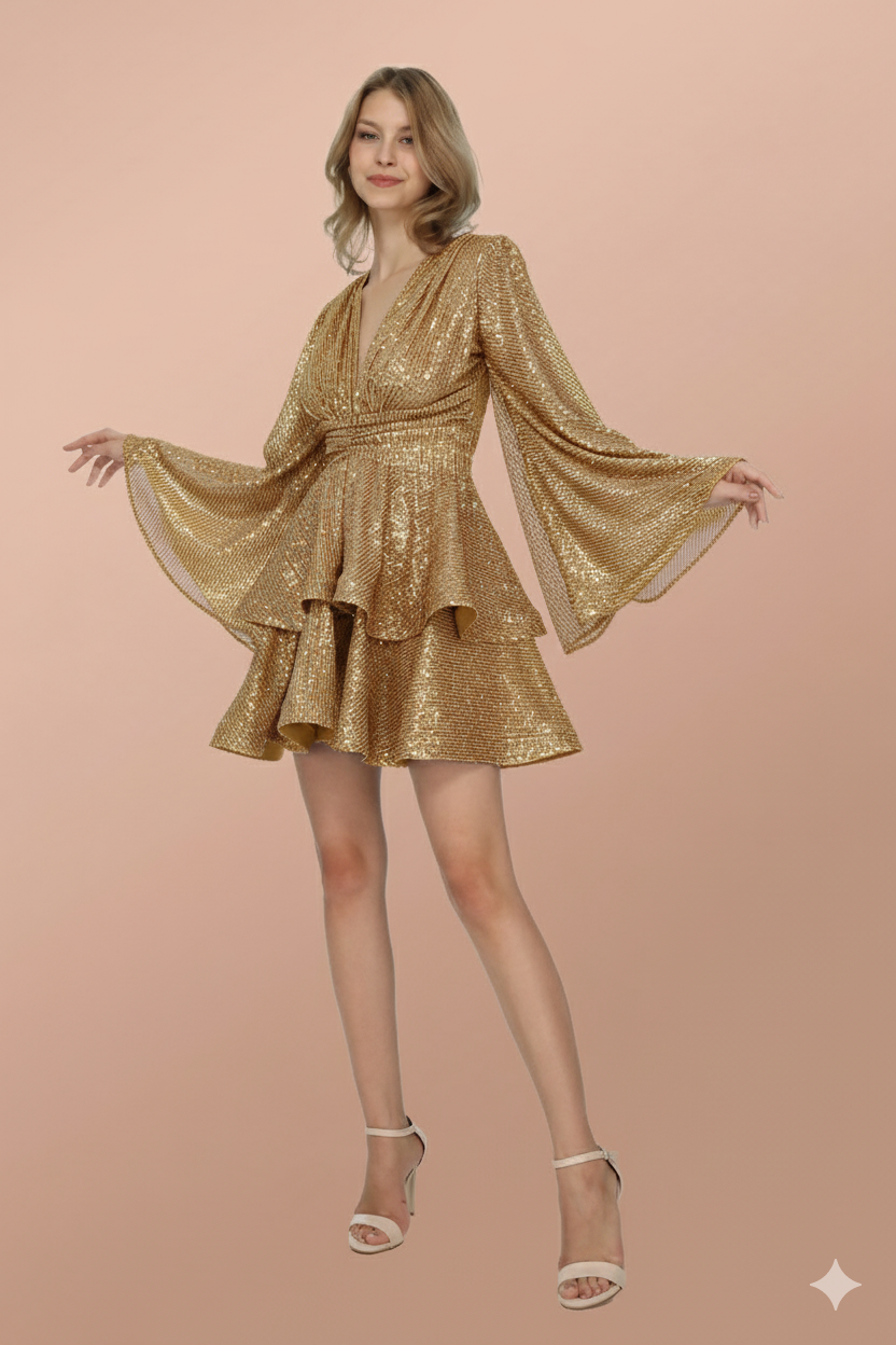 beyaz hologram v yaka glenli volan etek elbise