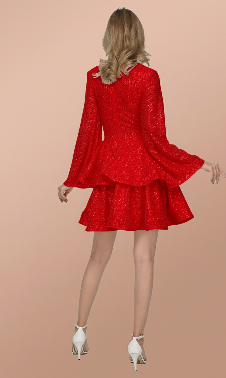 bordo v yaka glenli volan etek elbise