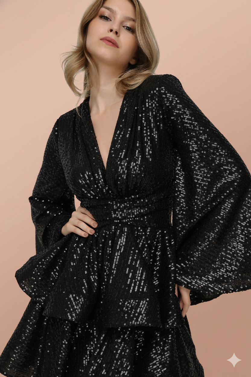 beyaz hologram v yaka glenli volan etek elbise